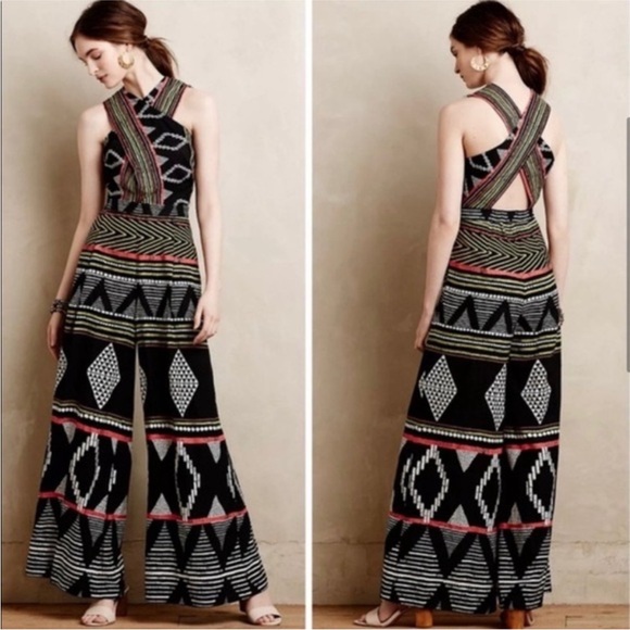 Anthropologie Elevenses Amapa Black Tribal Print Crossfront Wide Leg Jumpsuit 8 - Picture 1 of 16